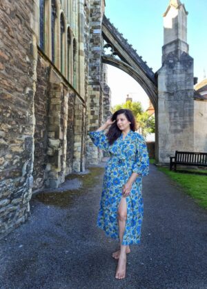 cotton Kimono in Leaf Green Blue Botanical Print - Image 3
