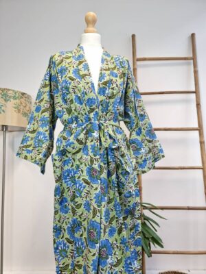 cotton Kimono in Leaf Green Blue Botanical Print - Image 4
