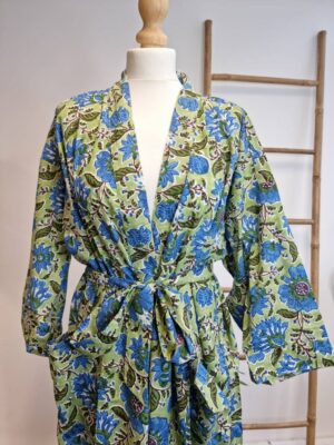 cotton Kimono in Leaf Green Blue Botanical Print - Image 5