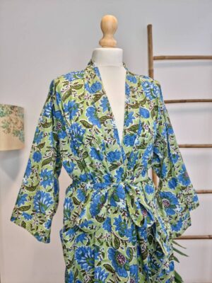 cotton Kimono in Leaf Green Blue Botanical Print - Image 6