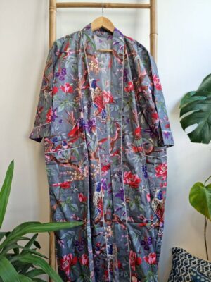 Pure Cotton Kimono - Grey Pink Red Birds - Image 3