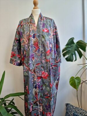 Pure Cotton Kimono - Grey Pink Red Birds - Image 4