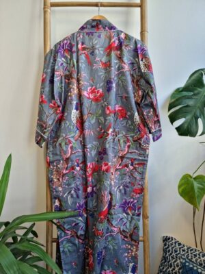 Pure Cotton Kimono - Grey Pink Red Birds - Image 5