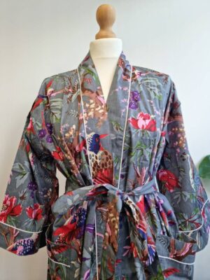 Pure Cotton Kimono - Grey Pink Red Birds - Image 6