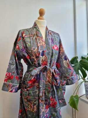 Pure Cotton Kimono - Grey Pink Red Birds - Image 7