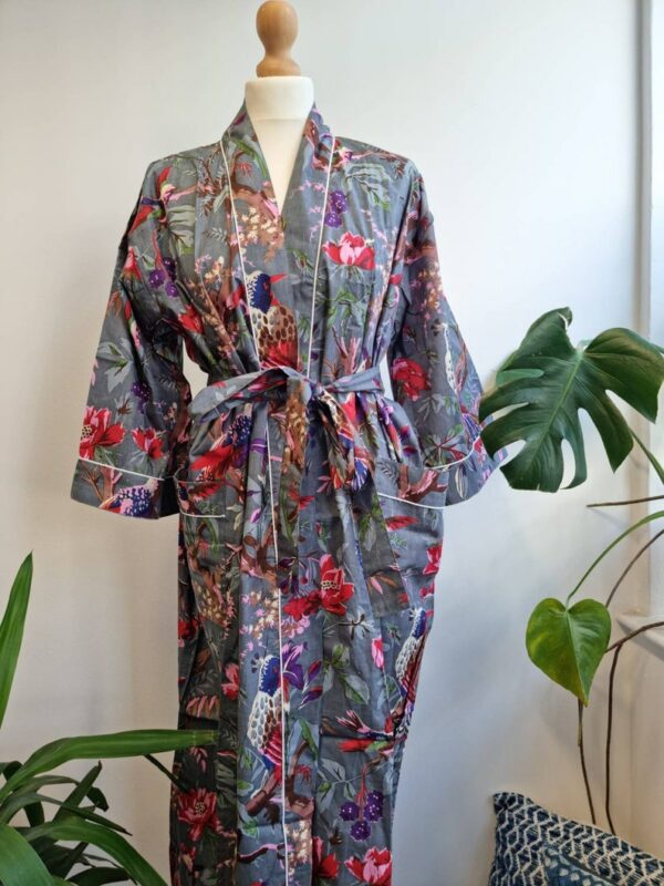 Pure Cotton Kimono - Grey Pink Red Birds