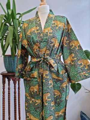 Pure Cotton Kimono in Emerald Green Leopard Jungle look - Image 3