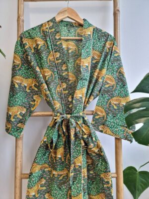 Pure Cotton Kimono in Emerald Green Leopard Jungle look - Image 5