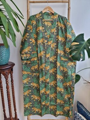 Pure Cotton Kimono in Emerald Green Leopard Jungle look - Image 6