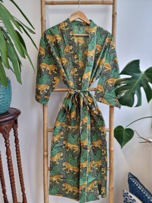Pure Cotton Kimono in Emerald Green Leopard Jungle look - Image 8