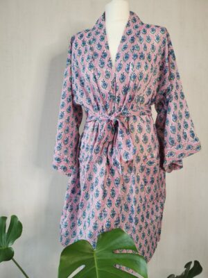 Pure Cotton Kimono in Pink Blue Mini Motif - Image 2