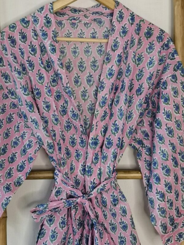 Pure Cotton Kimono in Pink Blue Mini Motif