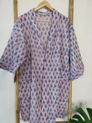 Pure Cotton Kimono in Pink Blue Mini Motif - Image 5