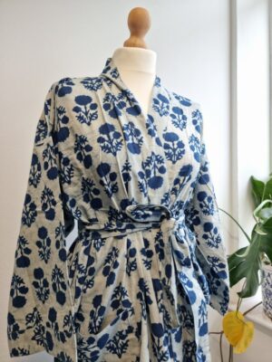 Pure Cotton Kimono - Indigo White Floral Bloom - Image 2