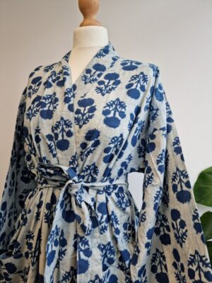 Pure Cotton Kimono - Indigo White Floral Bloom - Image 3