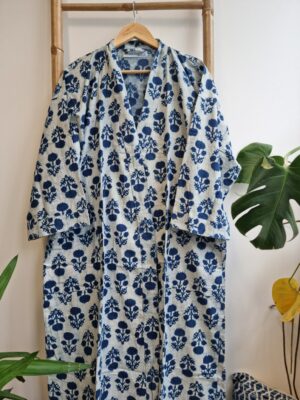 Pure Cotton Kimono - Indigo White Floral Bloom - Image 4