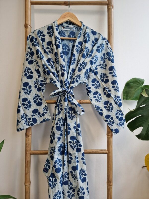 Pure Cotton Kimono - Indigo White Floral Bloom