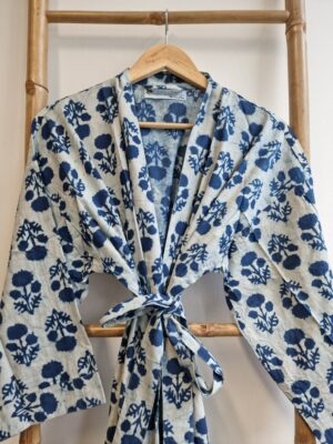 Pure Cotton Kimono - Indigo White Floral Bloom - Image 6