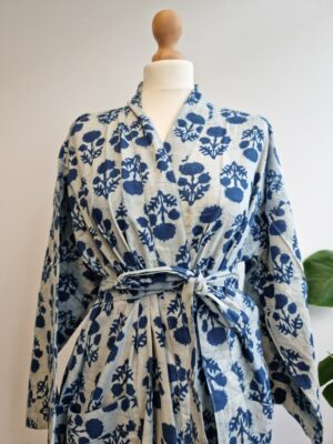Pure Cotton Kimono - Indigo White Floral Bloom - Image 7