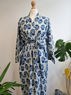 Pure Cotton Kimono - Indigo White Floral Bloom - Image 8