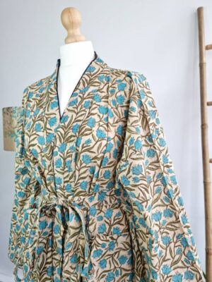 Pure Cotton Botanical Kimono in Beige Turquoise - Image 2