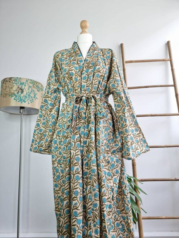 Pure Cotton Botanical Kimono in Beige Turquoise