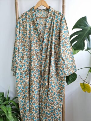 Pure Cotton Botanical Kimono in Beige Turquoise - Image 3