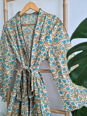 Pure Cotton Botanical Kimono in Beige Turquoise - Image 4