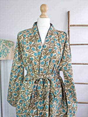 Pure Cotton Botanical Kimono in Beige Turquoise - Image 5
