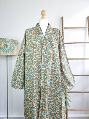 Pure Cotton Botanical Kimono in Beige Turquoise - Image 6