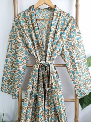 Pure Cotton Botanical Kimono in Beige Turquoise - Image 7