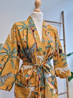 Pure Cotton Kimono in Mustard Safari Animal Print - Image 2