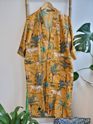 Pure Cotton Kimono in Mustard Safari Animal Print - Image 3