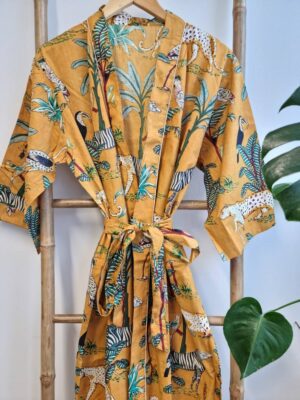 Pure Cotton Kimono in Mustard Safari Animal Print - Image 4
