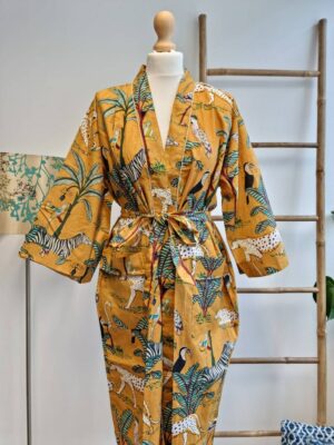 Pure Cotton Kimono in Mustard Safari Animal Print - Image 6