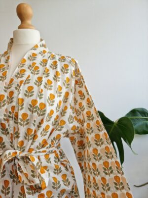 Pure Cotton Kimono in Pastel White Yellow Leaf Motif - Image 4