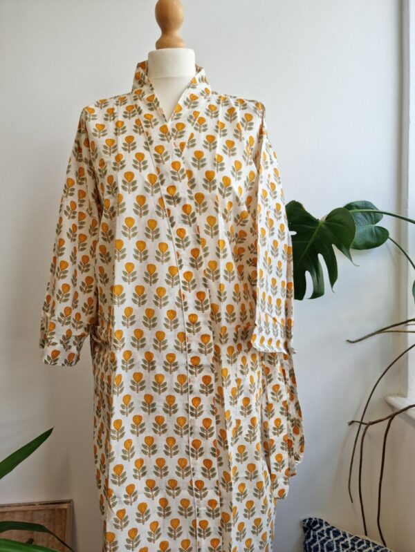 Pure Cotton Kimono in Pastel White Yellow Leaf Motif