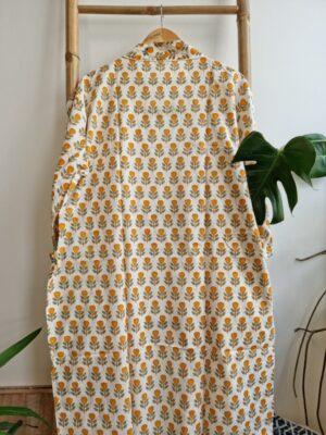 Pure Cotton Kimono in Pastel White Yellow Leaf Motif - Image 5