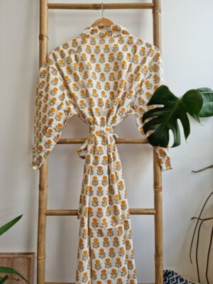 Pure Cotton Kimono in Pastel White Yellow Leaf Motif - Image 6