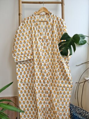 Pure Cotton Kimono in Pastel White Yellow Leaf Motif - Image 8