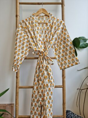 Pure Cotton Kimono in Pastel White Yellow Leaf Motif - Image 9