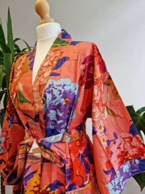Pure Cotton Short Kimono in Bright Peach Purple Botanical Bloom - Image 2