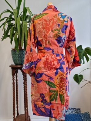 Pure Cotton Short Kimono in Bright Peach Purple Botanical Bloom - Image 4