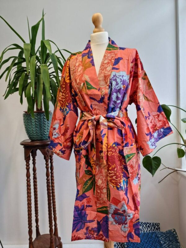 Pure Cotton Short Kimono in Bright Peach Purple Botanical Bloom
