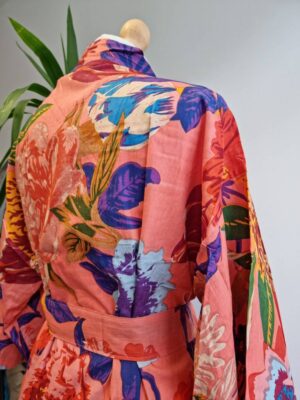 Pure Cotton Short Kimono in Bright Peach Purple Botanical Bloom - Image 6