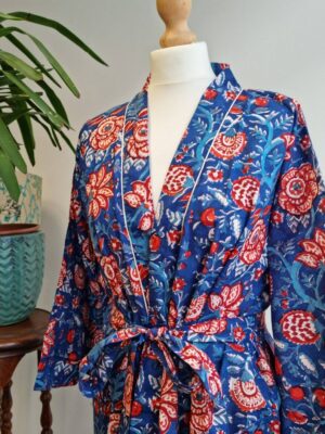 Pure Cotton Kimono in Blue Red White Botanical Bloom - Image 2