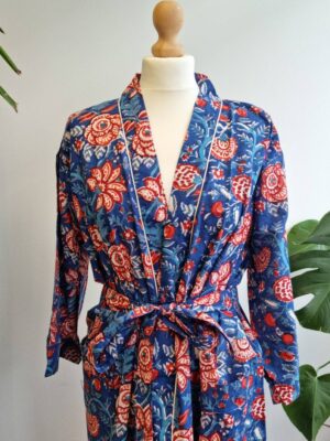 Pure Cotton Kimono in Blue Red White Botanical Bloom - Image 4