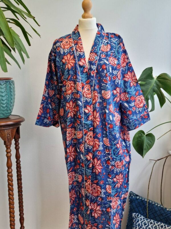 Pure Cotton Kimono in Blue Red White Botanical Bloom