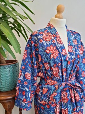 Pure Cotton Kimono in Blue Red White Botanical Bloom - Image 6