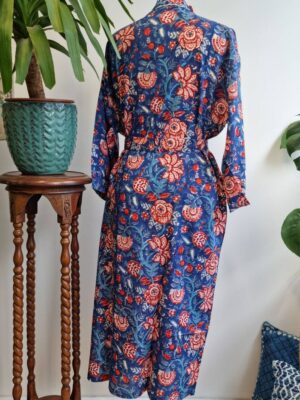 Pure Cotton Kimono in Blue Red White Botanical Bloom - Image 7